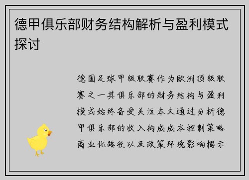 德甲俱乐部财务结构解析与盈利模式探讨